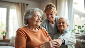 Engaging scene showing austin senior home care with caregivers supporting elderly in a bright, cozy environment.