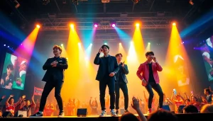 BTS news highlights vibrant stage performance with energetic crowd and colorful lights.