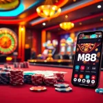 Experience exhilarating gameplay at MM88's vibrant online casino, featuring poker chips and roulette tables.