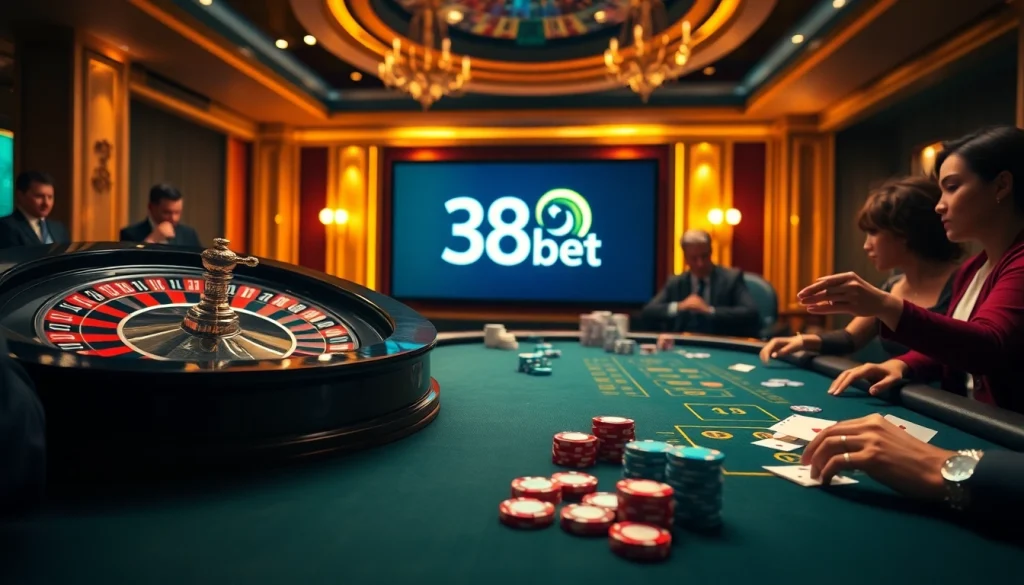 Experience the excitement of 388bet with a vibrant casino scene, featuring poker and roulette action.