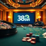 Experience the excitement of 388bet with a vibrant casino scene, featuring poker and roulette action.