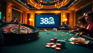 Experience the excitement of 388bet with a vibrant casino scene, featuring poker and roulette action.
