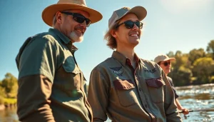 Anglers enjoying the outdoors in stylish fly fishing apparel by a river.