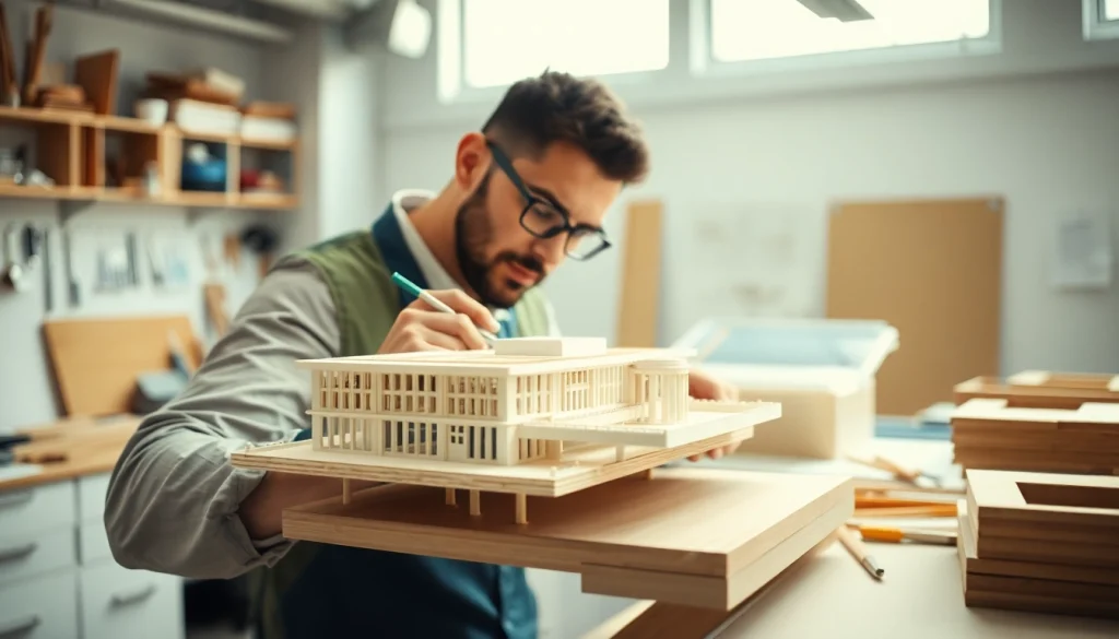 Erstellen eines architekturmodellbau Bielefeld mit detaillierten Werkzeugen und Materialien.