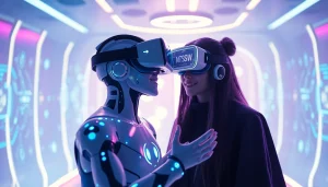 An engaging AI NSFW interaction in a futuristic virtual reality environment.