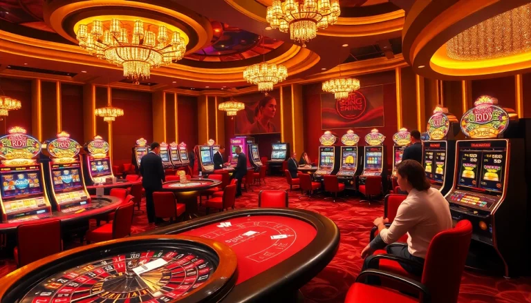 Gamblers enjoying the excitement of SODO Casino with vibrant slot machines and poker tables.