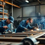 Visualize custom steel fabrication process with skilled workers in action and industrial tools.