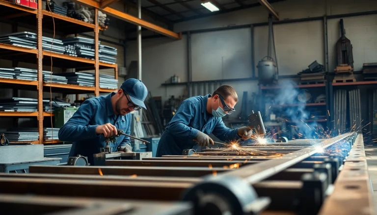 Visualize custom steel fabrication process with skilled workers in action and industrial tools.