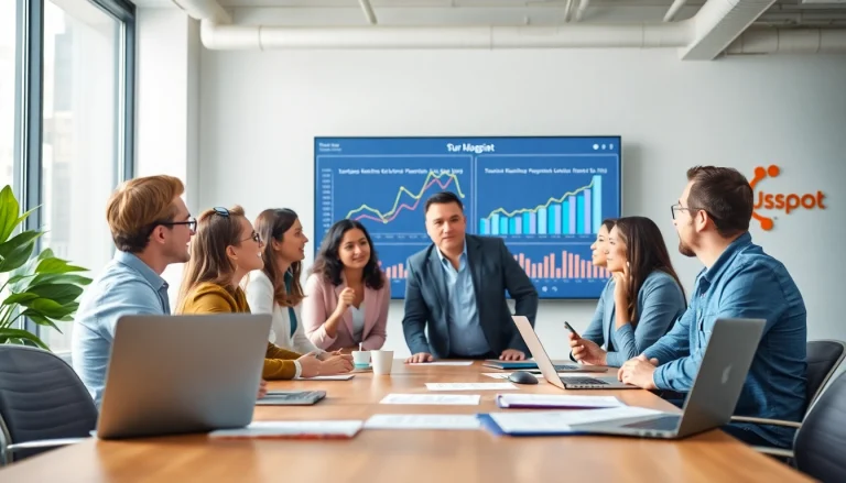 Engaged team discussing digital marketing strategies at agencia hubspot office.