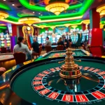 Menangkan dewalive di meja roulette dengan mesin slot berwarna cerah di latar belakang.