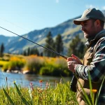 Beginner fly fishing enthusiast casting a line into a serene river landscape.