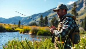 Beginner fly fishing enthusiast casting a line into a serene river landscape.