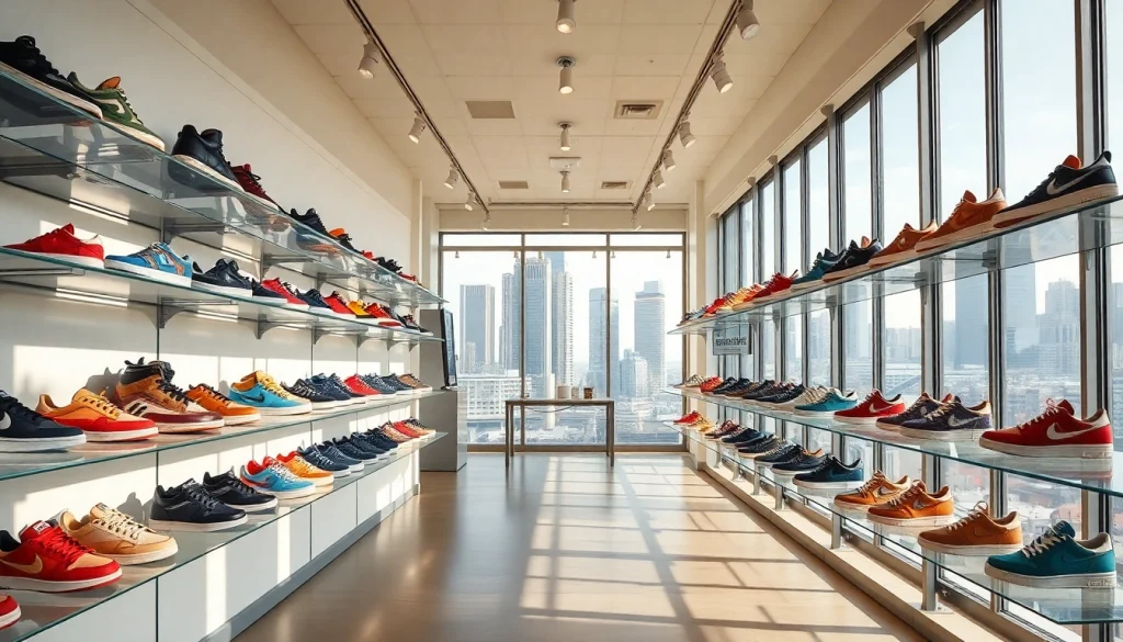 레플리카사이트에서 세련된 운동화가 진열된 트렌디한 쇼핑 공간