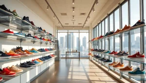 레플리카사이트에서 세련된 운동화가 진열된 트렌디한 쇼핑 공간