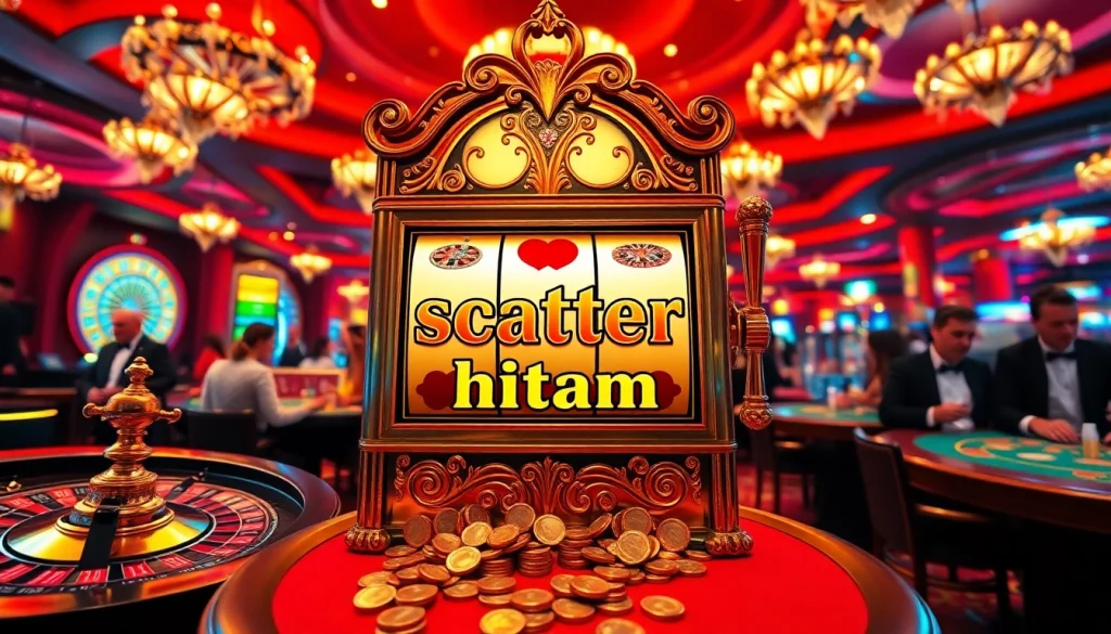 Winning on the scatter hitam slot machine with excitement in a vibrant casino environment.