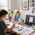 Young artist designing custom acrylic stand in a creative studio