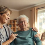 Engaging moment of in home respite care, showcasing caregiver support for an elderly client in a cozy environment.