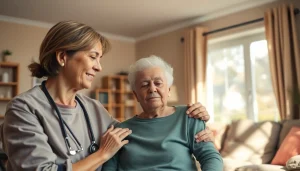 Engaging moment of in home respite care, showcasing caregiver support for an elderly client in a cozy environment.