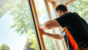 Skilled technicians performing window installation in a bright, modern home setting with lush greenery.