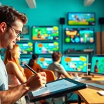 Animationsagentur zeigt kreative Zusammenarbeit in einem modernen Animationstudio.