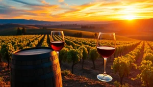 Scenic view of northern california wine country with vineyards and sunset.
