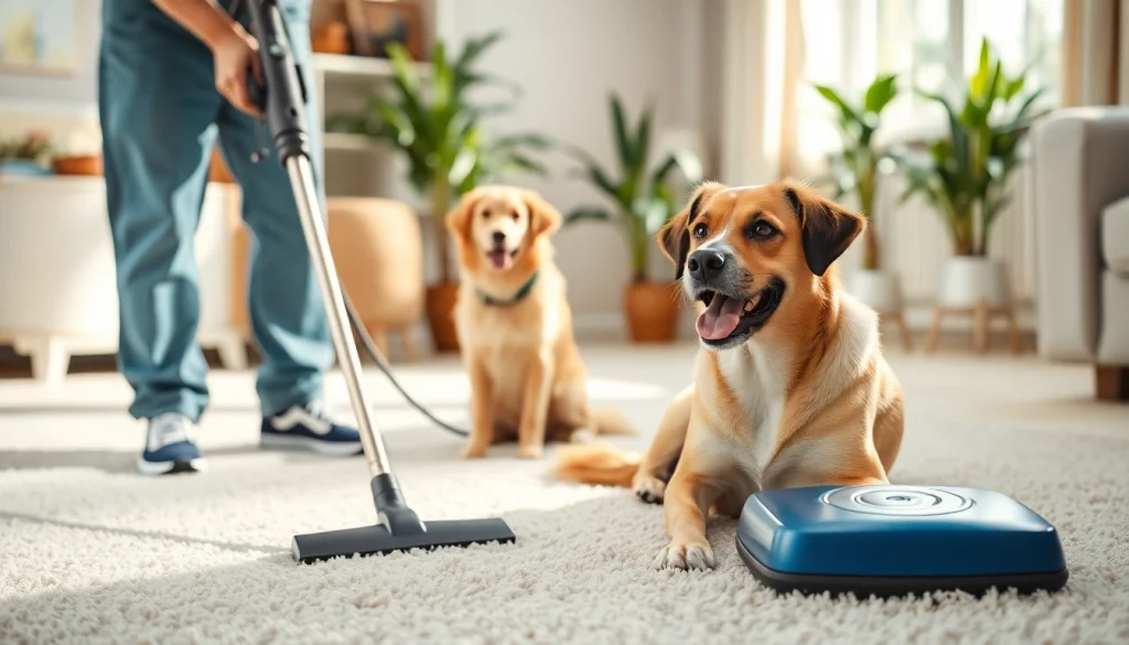 Pet odor carpet cleaning services showcased in a bright living room with a technician and a happy dog.