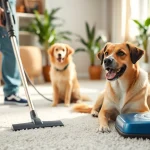 Pet odor carpet cleaning services showcased in a bright living room with a technician and a happy dog.