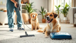 Pet odor carpet cleaning services showcased in a bright living room with a technician and a happy dog.