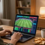 Active sports betting session on https://cakhiatv.design/ showing live events on laptop in a cozy home.