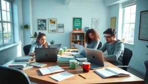Engaged students utilizing online exam assistance in a well-lit study environment.