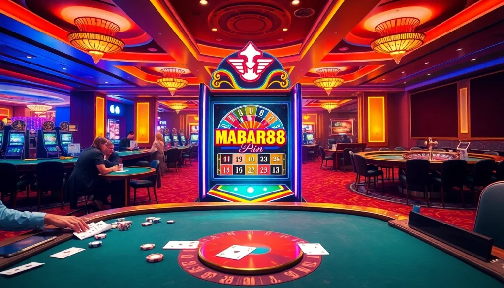 MABAR88 Spin beraksi dengan pemain di mesin slot yang penuh warna dan meja poker.