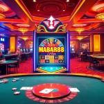 MABAR88 Spin beraksi dengan pemain di mesin slot yang penuh warna dan meja poker.