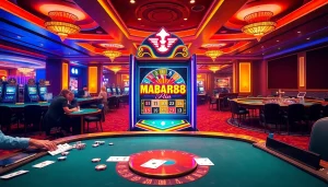 MABAR88 Spin beraksi dengan pemain di mesin slot yang penuh warna dan meja poker.