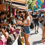 Young woman exploring luxury 레플리카 쇼핑몰 products at a vibrant street market.