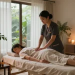 Professional home massage therapy session from maxim-anma.net in a serene living room.