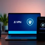 在科技工作空间的现代设备上显示的快连VPN界面