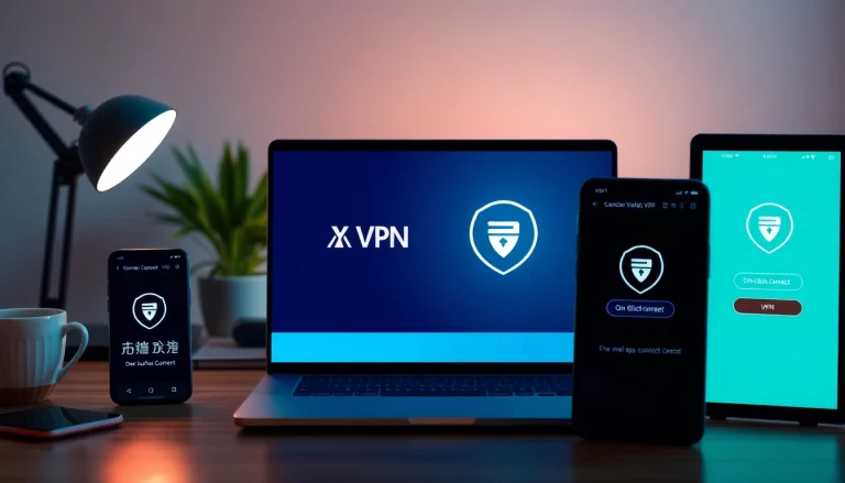 在科技工作空间的现代设备上显示的快连VPN界面