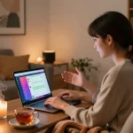 User engaging in a sex chat ai conversation in a cozy home setting, highlighting the interaction with the AI assistant.