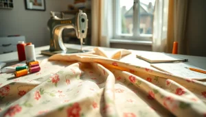 Stof voor jurk kopen met kleurrijke garens en naaimaterialen op een tafel.