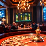Scène engageante d'un luxueux meilleur casino en ligne avec des joueurs autour d'une table de roulette.