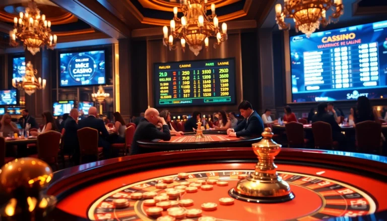 Scène engageante d'un luxueux meilleur casino en ligne avec des joueurs autour d'une table de roulette.