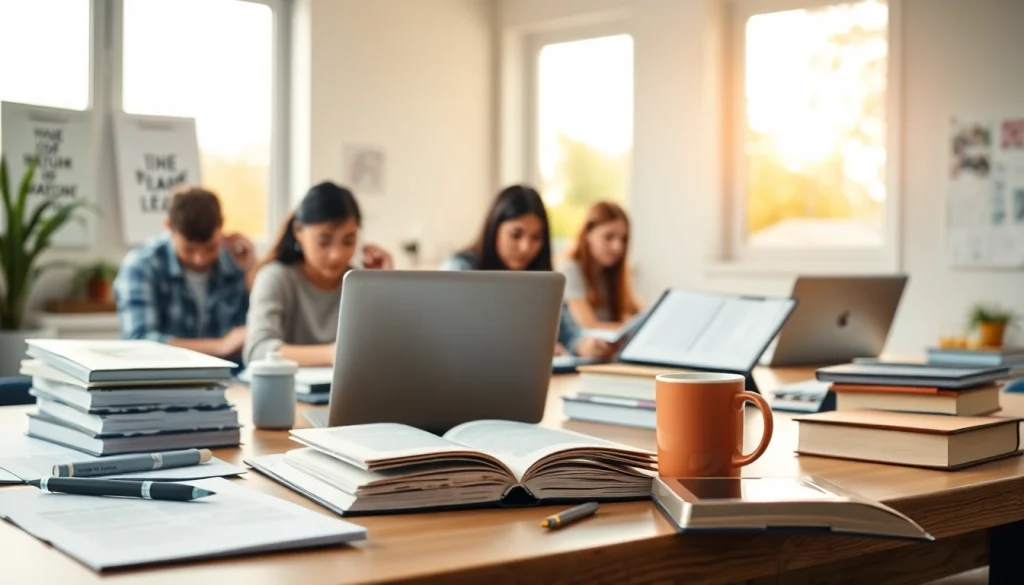 Students actively engaged in exam preparation with study materials in an inviting environment.