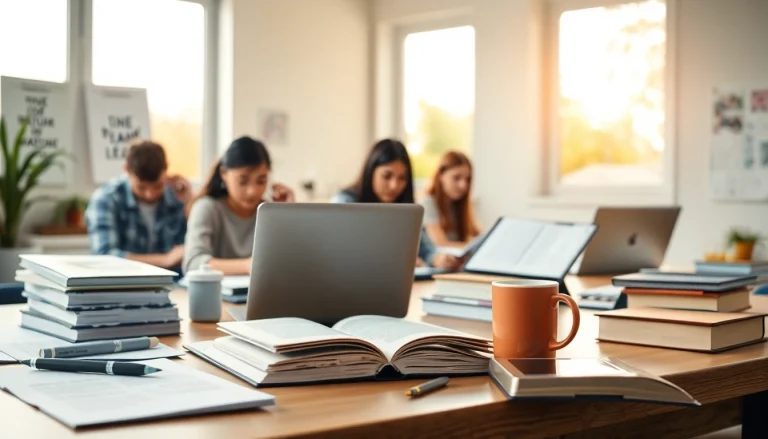 Students actively engaged in exam preparation with study materials in an inviting environment.