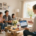 We buy houses for cash scene with a family discussing home sale details in a bright living room, stacks of cash nearby, creating a welcoming atmosphere.
