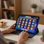 Engaging in สล็อต gaming on a tablet at home, showcasing vibrant interface and casual atmosphere