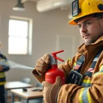 Demonstration of how to use an electrical fire extinguisher during a training session.