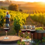Tasting Clarksburg wines at a vineyard with rolling hills at sunset.