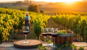 Tasting Clarksburg wines at a vineyard with rolling hills at sunset.
