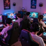 Players enjoying free sex games on various devices in a cozy gaming environment with colorful graphics.