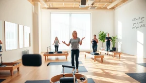 ピラティス おすすめを強調した、インストラクターがクラスを指導する inviting なピラティススタジオの風景。